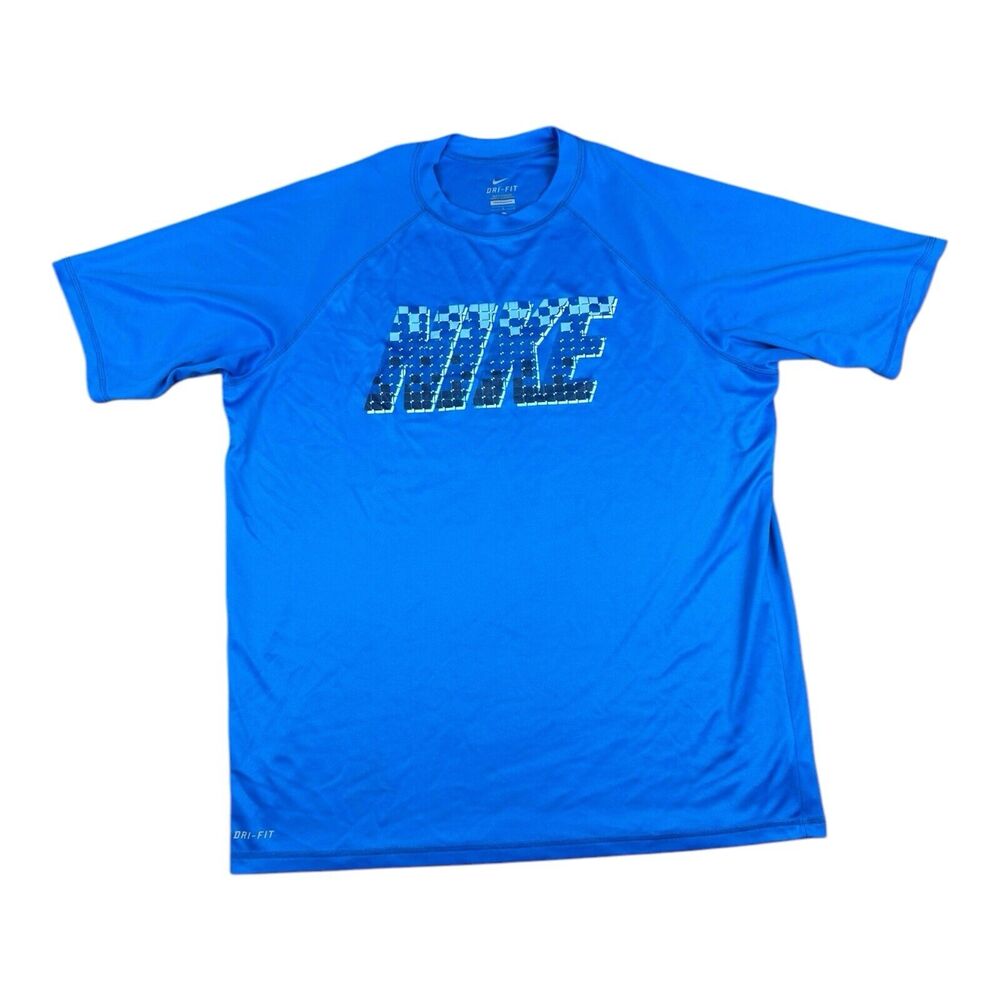 Mens Nike Dri Fit Shirt LARGE Blue Short Sleeves Athletic Graphic Print